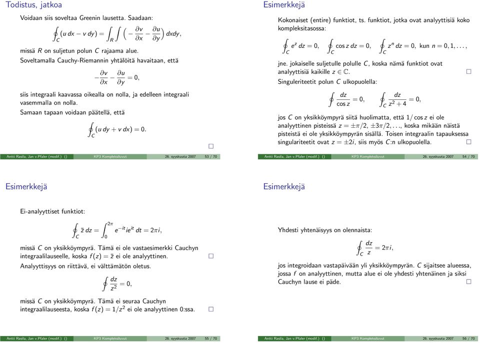 Esimerkkejä Kokoniset (entire) funktiot, ts. funktiot, jotk ovt nlyyttisiä koko kompleksitsoss: e z dz =, cos z dz =, z n dz =, kun n =, 1,..., jne.