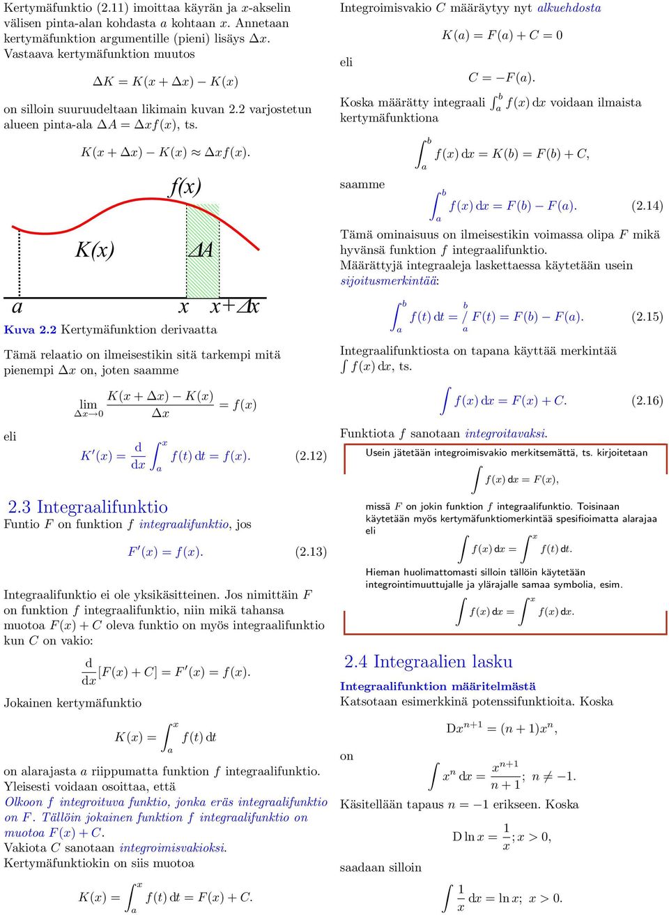 2 Kertymäfunktion derivtt Tämä reltio on ilmeisestikin sitä trkempi mitä pienempi x on, joten smme eli K(x + x K(x lim f(x x x K (x d dx x f(t dt f(x. (2.12 2.