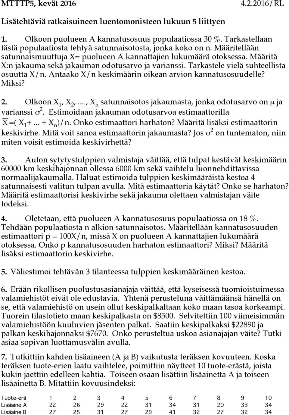 Tarkastele vielä suhteellista osuutta X/. Ataako X/ keskimääri oikea arvio kaatusosuudelle? Miksi? 2. Olkoo X 1, X 2,..., X satuaisotos jakaumasta, joka odotusarvo o µ ja variassi σ 2.