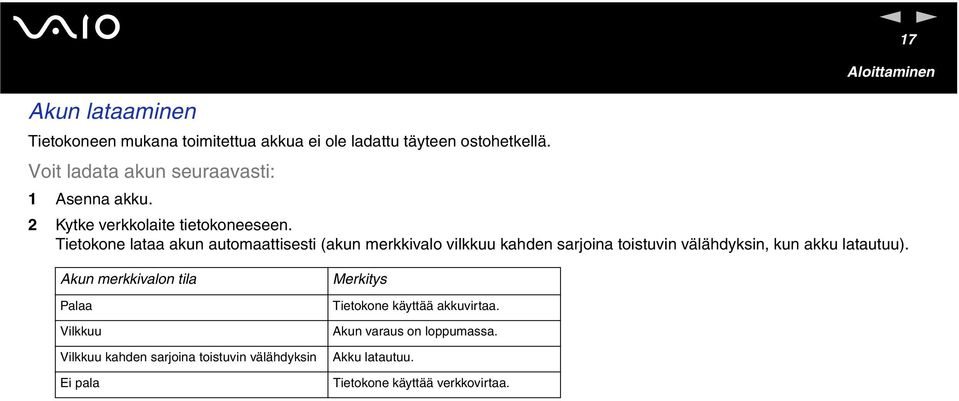 Tietokoe lataa aku automaattisesti (aku merkkivalo vilkkuu kahde sarjoia toistuvi välähdyksi, ku akku latautuu).