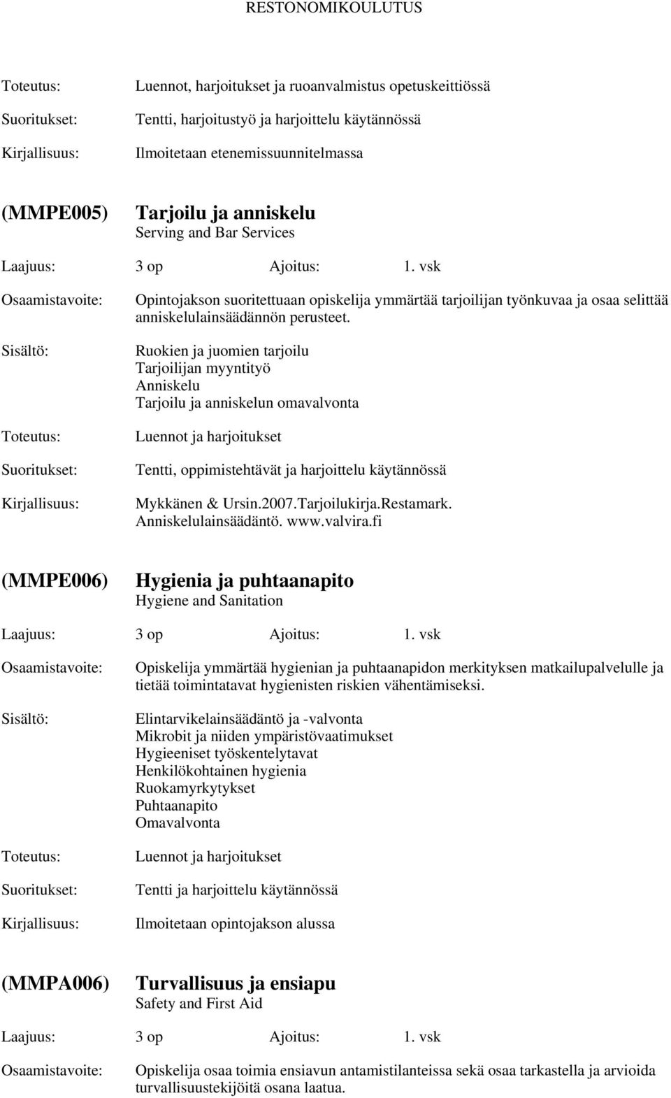 Ruokien ja juomien tarjoilu Tarjoilijan myyntityö Anniskelu Tarjoilu ja anniskelun omavalvonta Luennot ja harjoitukset Tentti, oppimistehtävät ja harjoittelu käytännössä Mykkänen & Ursin.2007.