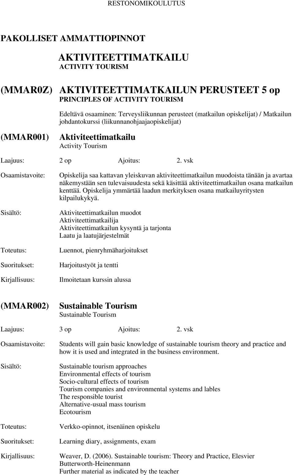 vsk Opiskelija saa kattavan yleiskuvan aktiviteettimatkailun muodoista tänään ja avartaa näkemystään sen tulevaisuudesta sekä käsittää aktiviteettimatkailun osana matkailun kenttää.