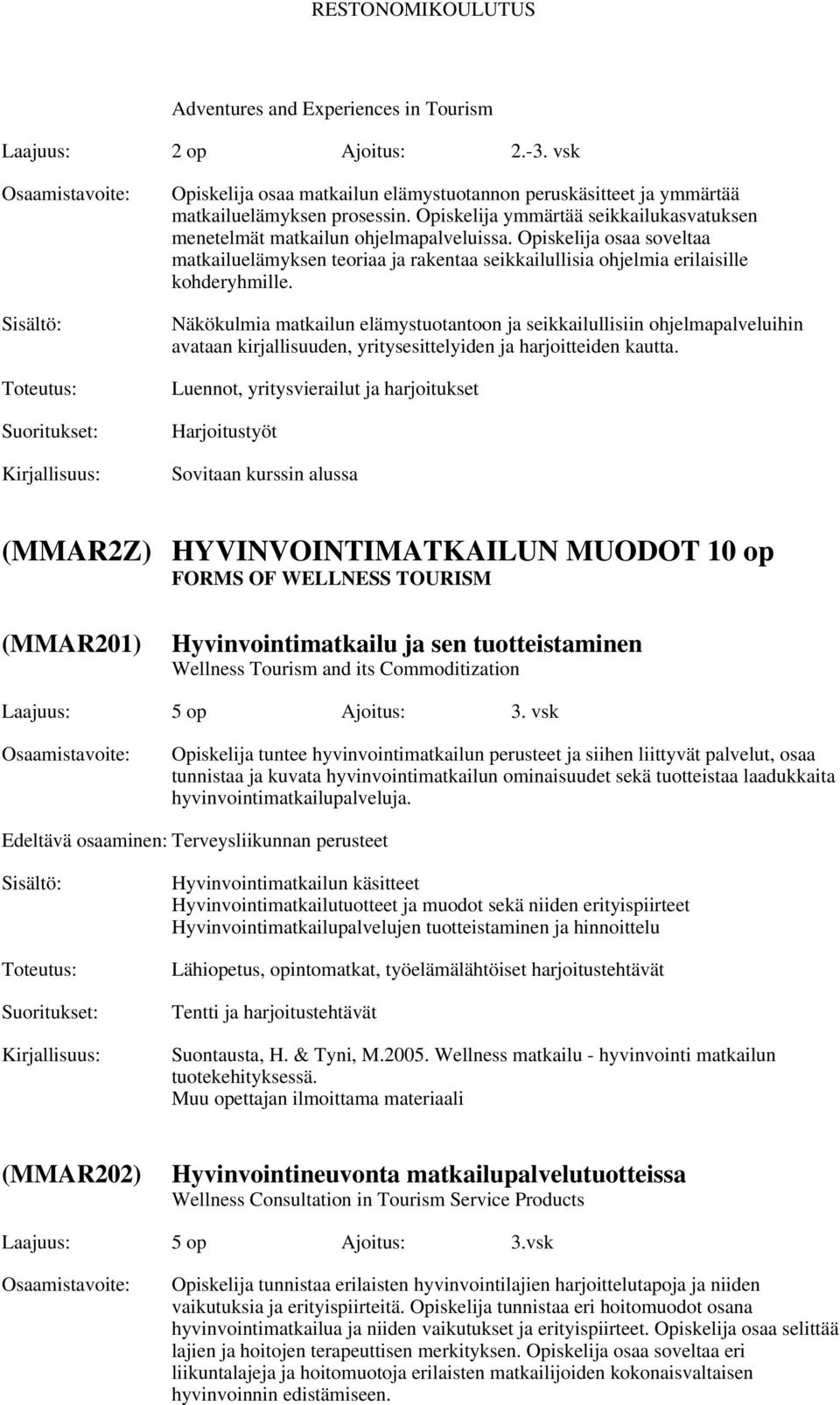 Näkökulmia matkailun elämystuotantoon ja seikkailullisiin ohjelmapalveluihin avataan kirjallisuuden, yritysesittelyiden ja harjoitteiden kautta.