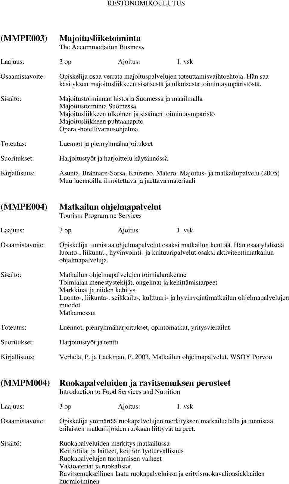 Majoitustoiminnan historia Suomessa ja maailmalla Majoitustoiminta Suomessa Majoitusliikkeen ulkoinen ja sisäinen toimintaympäristö Majoitusliikkeen puhtaanapito Opera -hotellivarausohjelma Luennot