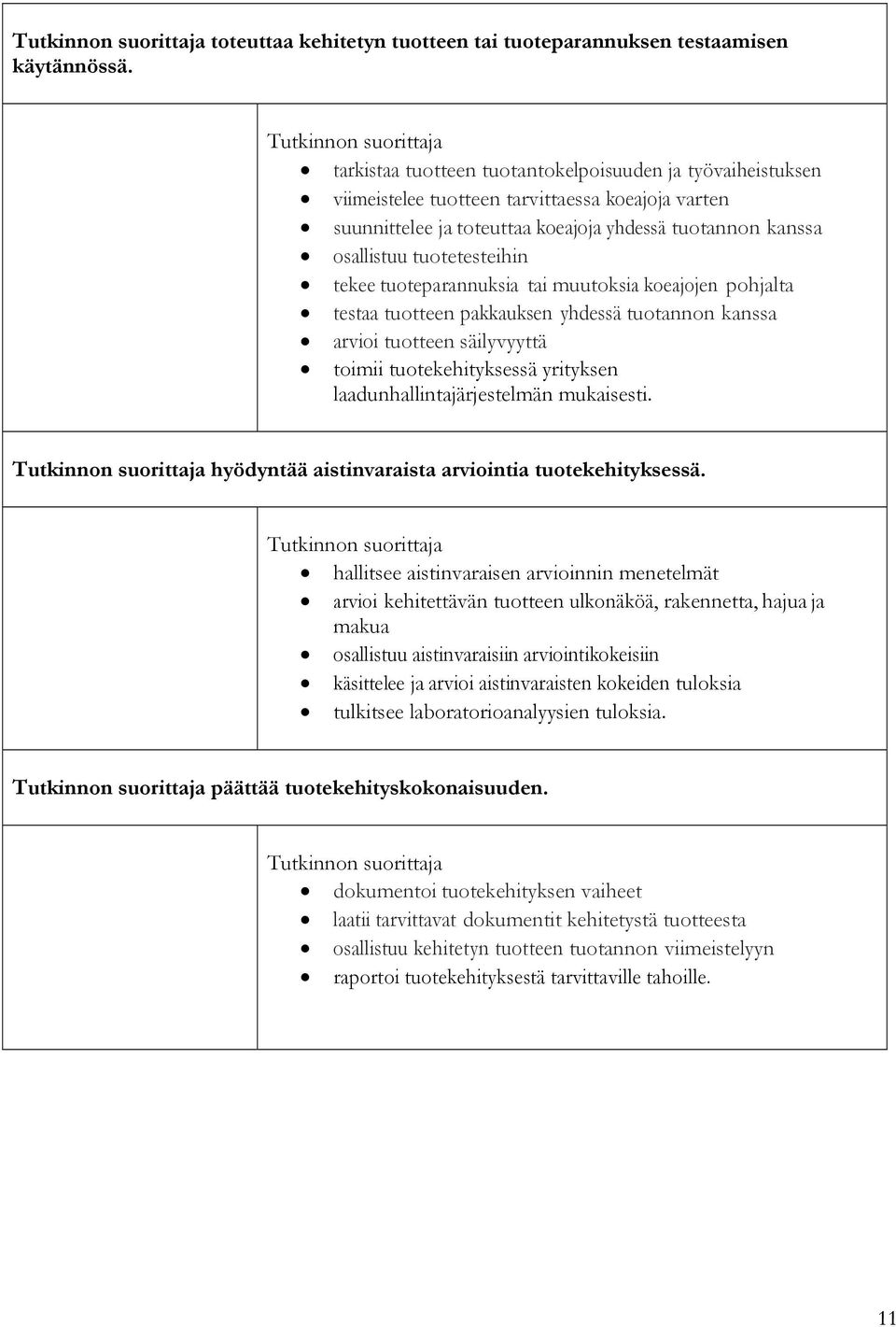 tekee tuoteparannuksia tai muutoksia koeajojen pohjalta testaa tuotteen pakkauksen yhdessä tuotannon kanssa arvioi tuotteen säilyvyyttä toimii tuotekehityksessä yrityksen laadunhallintajärjestelmän