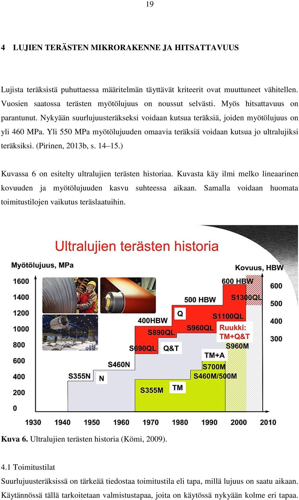 Yli 550 MPa myötölujuuden omaavia teräksiä voidaan kutsua jo ultralujiksi teräksiksi. (Pirinen, 2013b, s. 14 15.) Kuvassa 6 on esitelty ultralujien terästen historiaa.