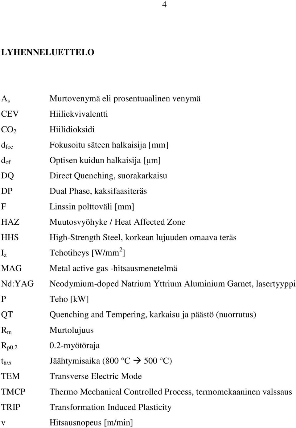 active gas -hitsausmenetelmä Nd:YAG Neodymium-doped Natrium Yttrium Aluminium Garnet, lasertyyppi P Teho [kw] QT Quenching and Tempering, karkaisu ja päästö (nuorrutus) R m R p0.