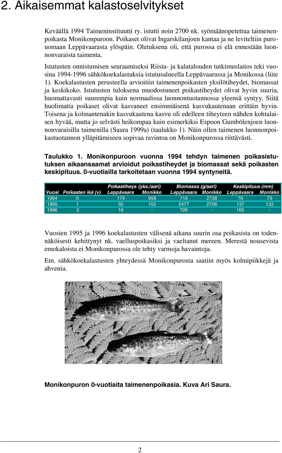 Istutusten onnistumisen seuraamiseksi Riista- ja kalatalouden tutkimuslaitos teki vuosina 1994-1996 sähkökoekalastuksia istutusalueella Leppävaarassa ja Monikossa (liite 1).