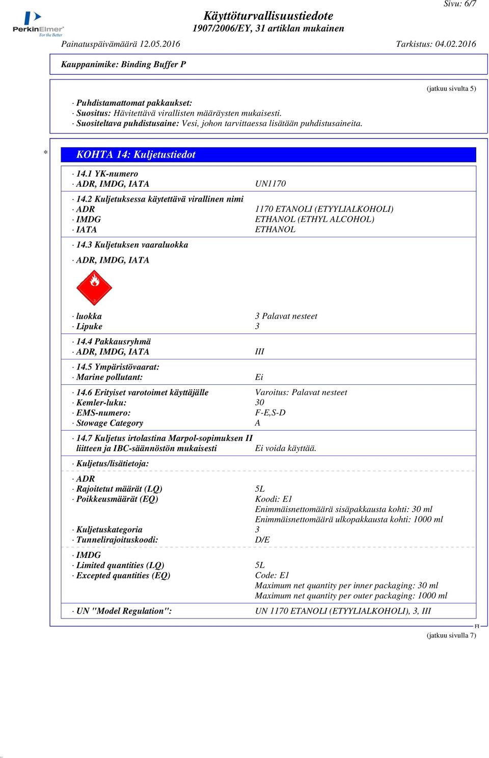 2 Kuljetuksessa käytettävä virallinen nimi ADR 1170 ETANOLI (ETYYLIALKOHOLI) IMDG ETHANOL (ETHYL ALCOHOL) IATA ETHANOL 14.