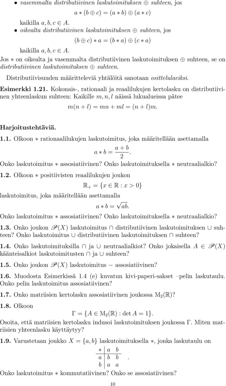 Esimerkki 1.21. Kokonais-, rationaali ja reaalilukujen kertolasku on distributiivinen yhteenlaskun suhteen: Kaikille m, n, l näissä lukualueissa pätee m(n + l) = mn + ml = (n + l)m. Harjoitustehtäviä.