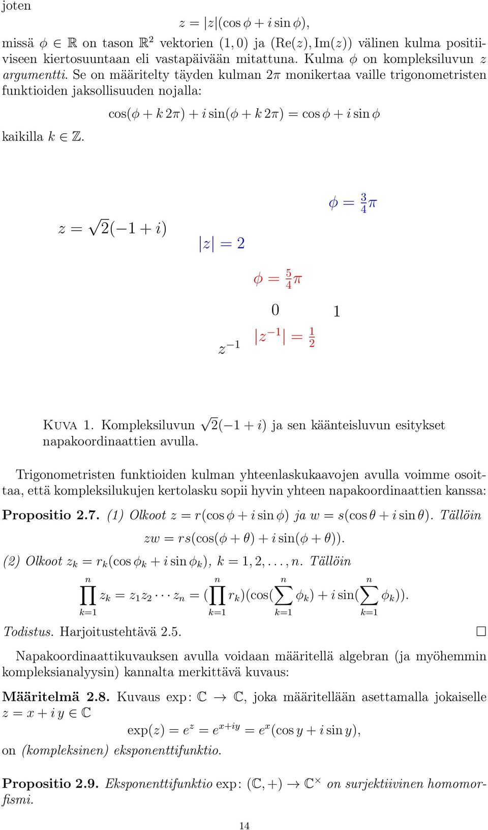 cos(φ + k 2π) + i sin(φ + k 2π) = cos φ + i sin φ z = 2( 1 + i) z = 2 φ = 3 4 π φ = 5 4 π 0 1 z 1 z 1 = 1 2 Kuva 1. Kompleksiluvun 2( 1 + i) ja sen käänteisluvun esitykset napakoordinaattien avulla.