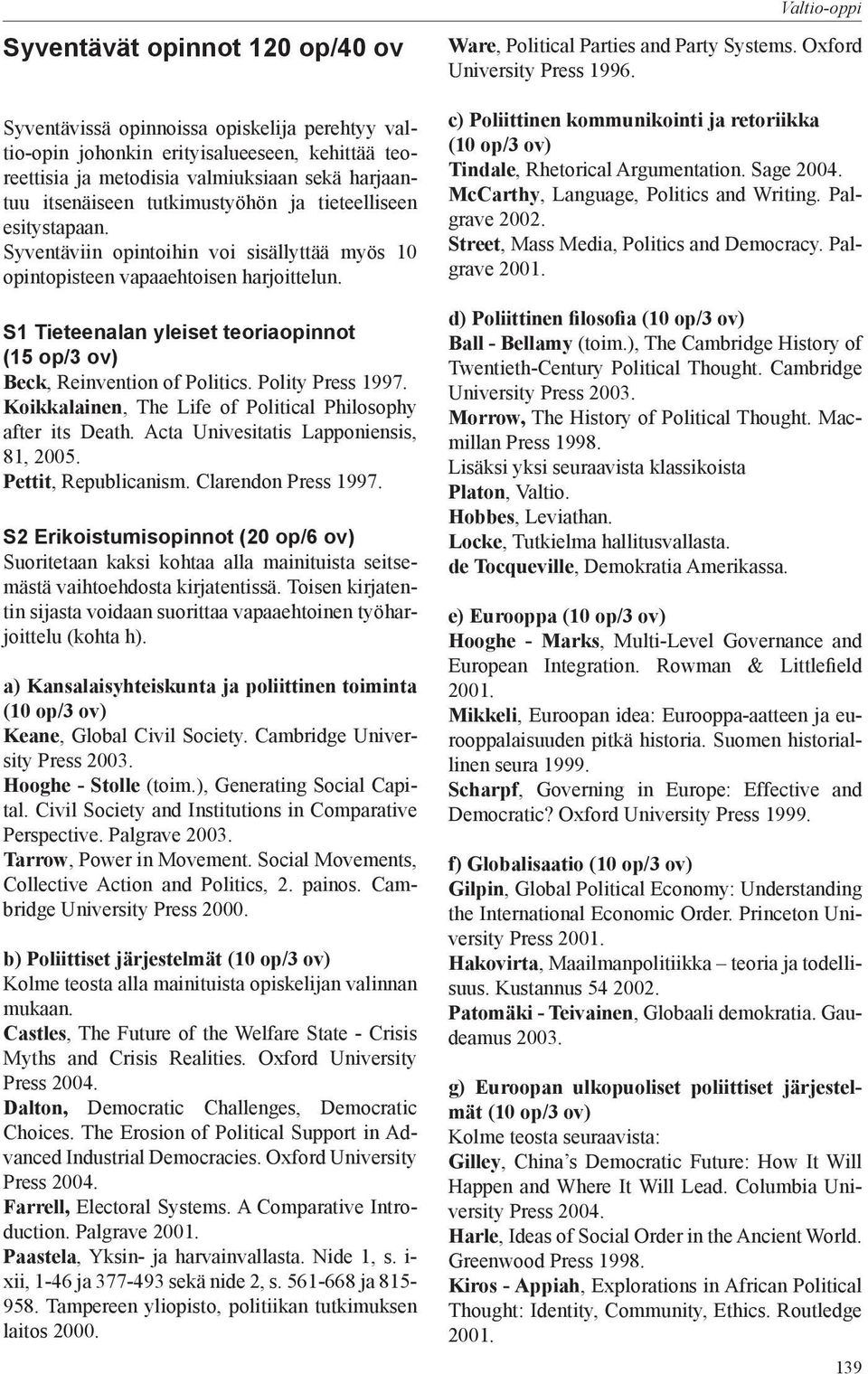 S1 Tieteenalan yleiset teoriaopinnot (15 op/3 ov) Beck, Reinvention of Politics. Polity Press 1997. Koikkalainen, The Life of Political Philosophy after its Death.