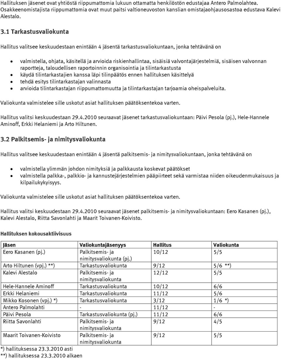 1 Tarkastusvaliokunta Hallitus valitsee keskuudestaan enintään 4 jäsentä tarkastusvaliokuntaan, jonka tehtävänä on valmistella, ohjata, käsitellä ja arvioida riskienhallintaa, sisäisiä