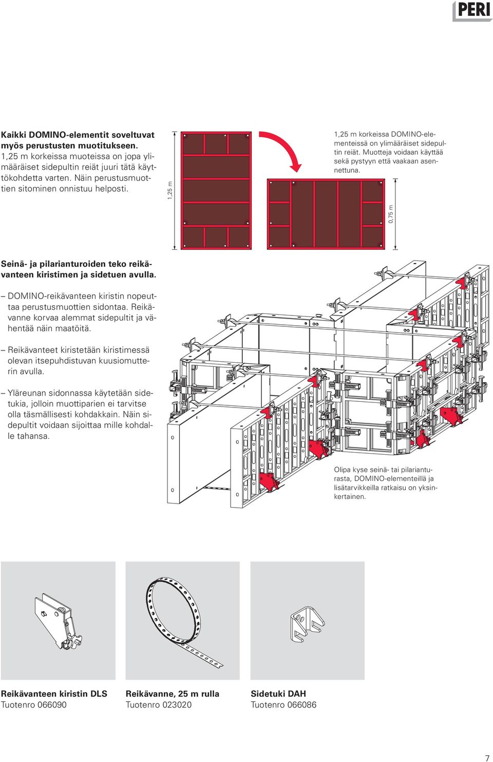 0,75 m Seinä- ja pilarianturoiden teko reikävanteen kiristimen ja sidetuen avulla. DOMINO-reikävanteen kiristin nopeuttaa perustusmuottien sidontaa.
