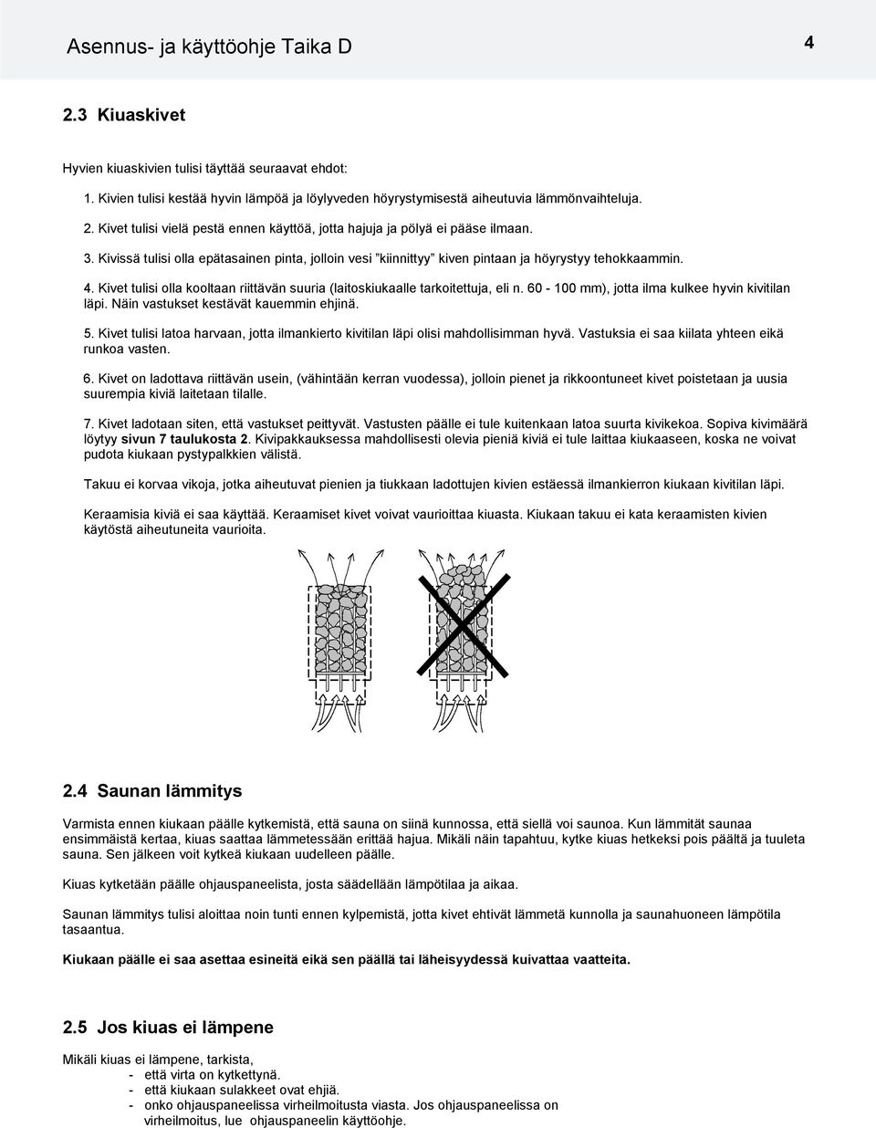 Kivet tulisi olla kooltaan riittävän suuria (laitoskiukaalle tarkoitettuja, eli n. 60-100 mm), jotta ilma kulkee hyvin kivitilan läpi. Näin vastukset kestävät kauemmin ehjinä. 5.