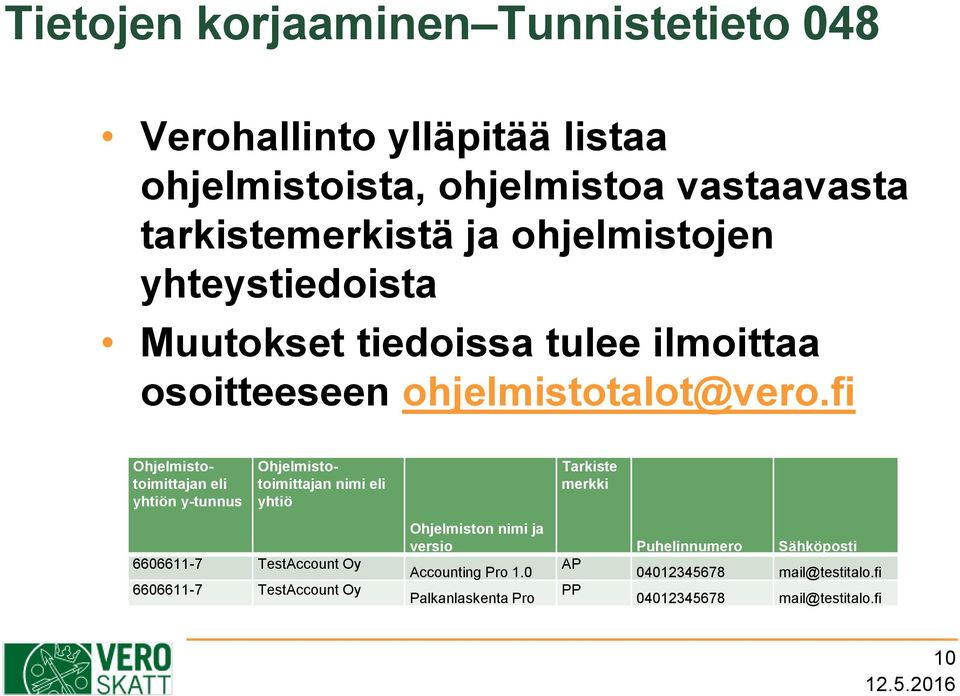 fi Ohjelmistotoimittajan eli yhtiön y-tunnus Ohjelmistotoimittajan nimi eli yhtiö Tarkiste merkki 6606611-7 TestAccount Oy 6606611-7