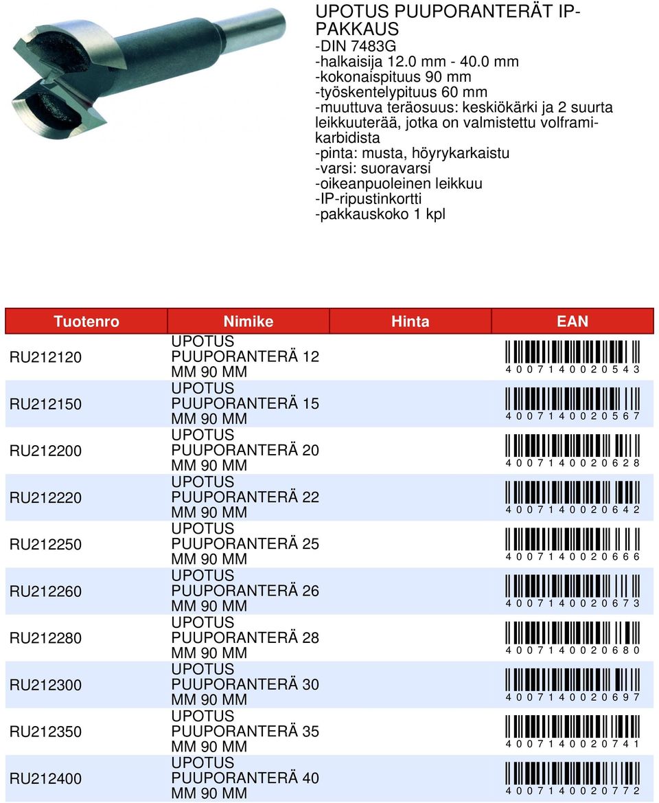 volframikarbidista -pinta: musta, höyrykarkaistu -varsi: suoravarsi -oikeanpuoleinen leikkuu -IP-ripustinkortti -pakkauskoko 1 kpl RU212120 12