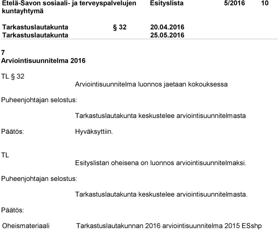 keskustelee arviointisuunnitelmasta Hyväksyttiin. Esityslistan oheisena on luonnos arviointisuunnitelmaksi.