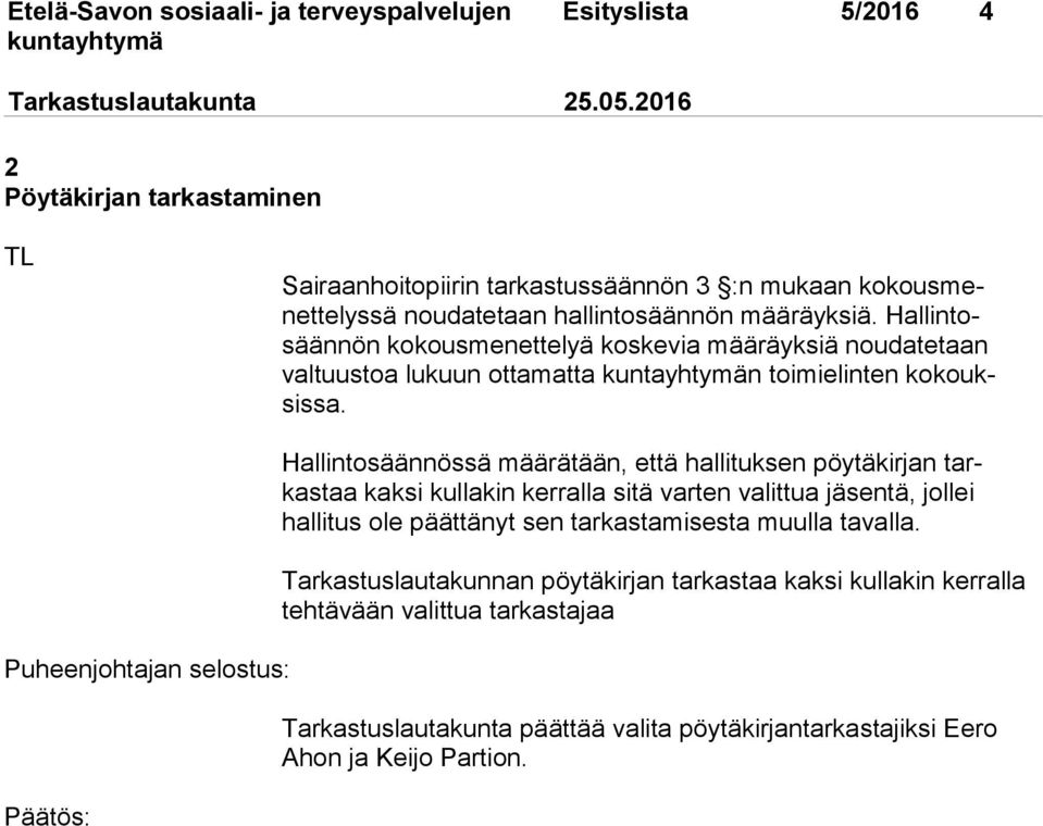 Hallintosäännössä määrätään, että hallituksen pöytäkirjan tarkastaa kaksi kullakin kerralla sitä varten valittua jäsentä, jollei hallitus ole päättänyt sen tarkastamisesta