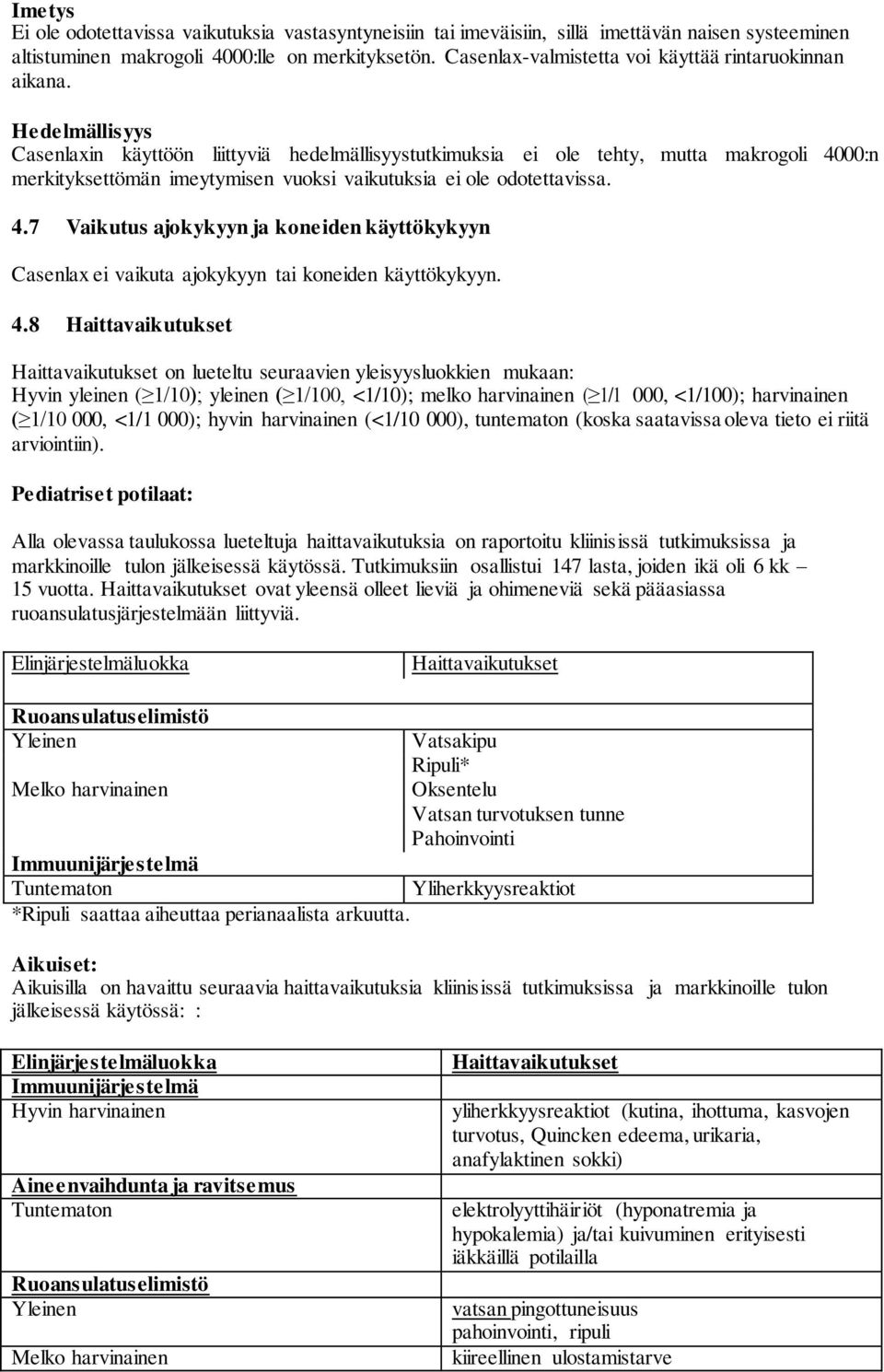 Hedelmällisyys Casenlaxin käyttöön liittyviä hedelmällisyystutkimuksia ei ole tehty, mutta makrogoli 40