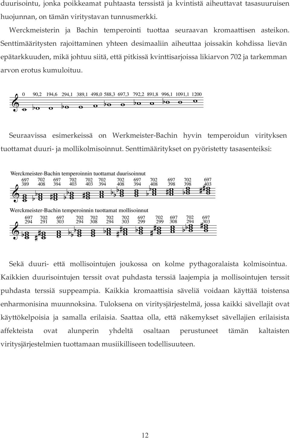 Senttimääritysten rajoittaminen yhteen desimaaliin aiheuttaa joissakin kohdissa lievän epätarkkuuden, mikä johtuu siitä, että pitkissä kvinttisarjoissa likiarvon ja tarkemman arvon erotus kumuloituu.