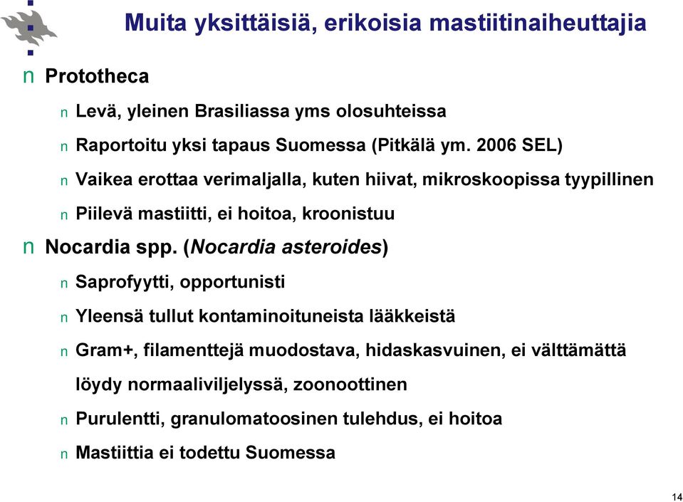 2006 SEL) Vaikea erottaa verimaljalla, kuten hiivat, mikroskoopissa tyypillinen Piilevä mastiitti, ei hoitoa, kroonistuu Nocardia spp.