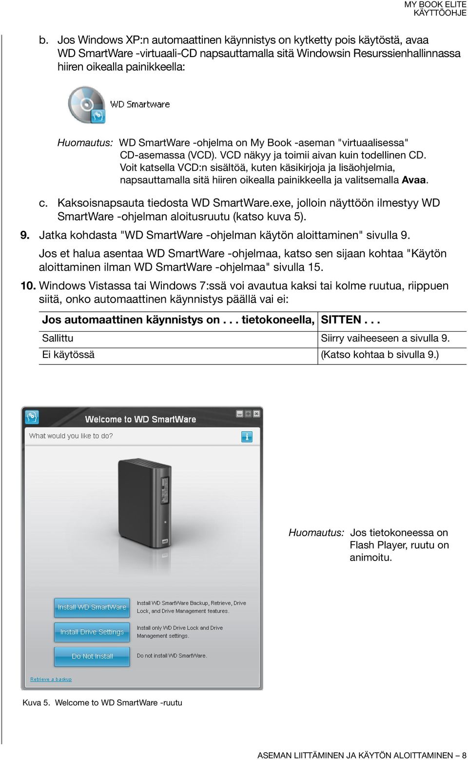 Voit katsella VCD:n sisältöä, kuten käsikirjoja ja lisäohjelmia, napsauttamalla sitä hiiren oikealla painikkeella ja valitsemalla Avaa. c. Kaksoisnapsauta tiedosta WD SmartWare.
