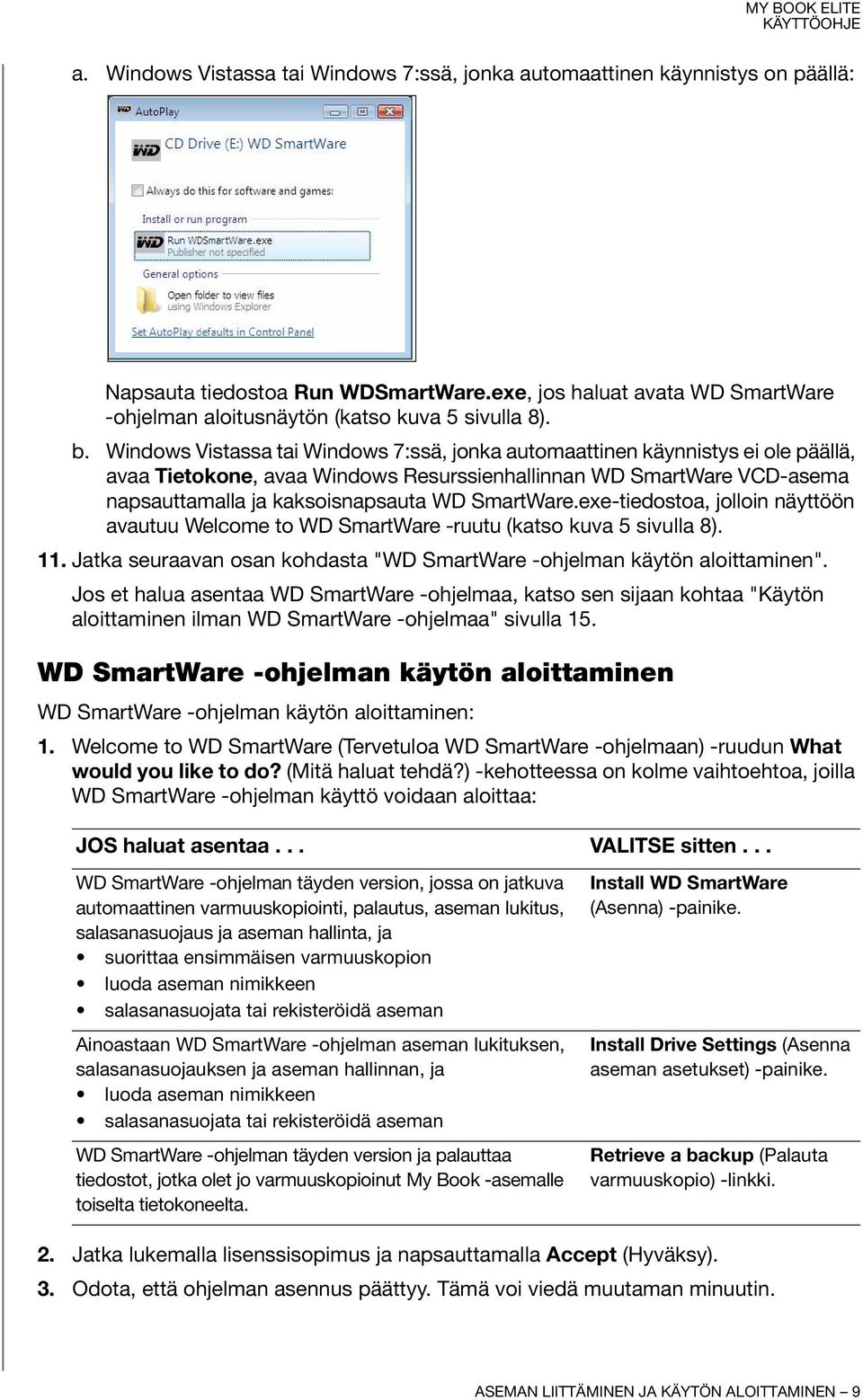 SmartWare.exe-tiedostoa, jolloin näyttöön avautuu Welcome to WD SmartWare -ruutu (katso kuva 5 sivulla 8). 11. Jatka seuraavan osan kohdasta "WD SmartWare -ohjelman käytön aloittaminen".