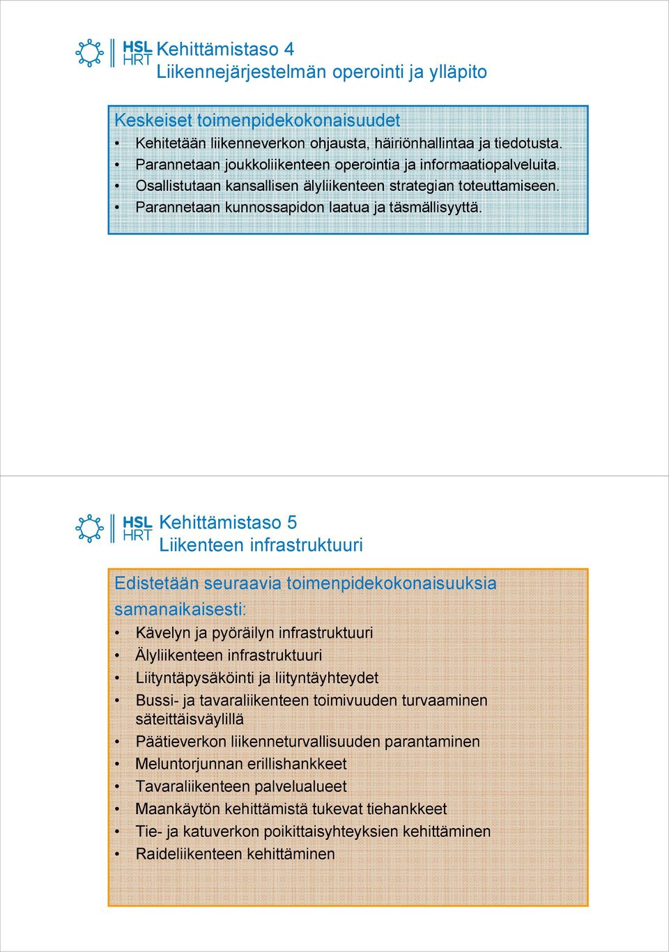 Kehittämistaso 5 Liikenteen infrastruktuuri Edistetään seuraavia toimenpidekokonaisuuksia samanaikaisesti: Kävelyn ja pyöräilyn infrastruktuuri Älyliikenteen infrastruktuuri Liityntäpysäköinti ja