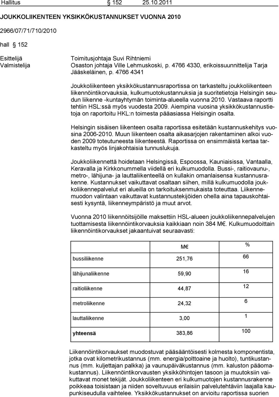 4766 4341 Joukkoliikenteen yksikkökustannusraportissa on tarkasteltu joukkoliikenteen liikennöintikorvauksia, kulkumuotokustannuksia ja suoritetietoja Helsingin seudun liikenne -kuntayhtymän