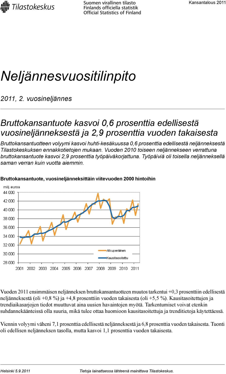 Työpäiviä oli toisella neljänneksellä saman verran kuin vuotta aiemmin Bruttokansantuote, vuosineljänneksittäin viitevuoden 2000 hintoihin Vuoden ensimmäisen neljänneksen bruttokansantuotteen muutos