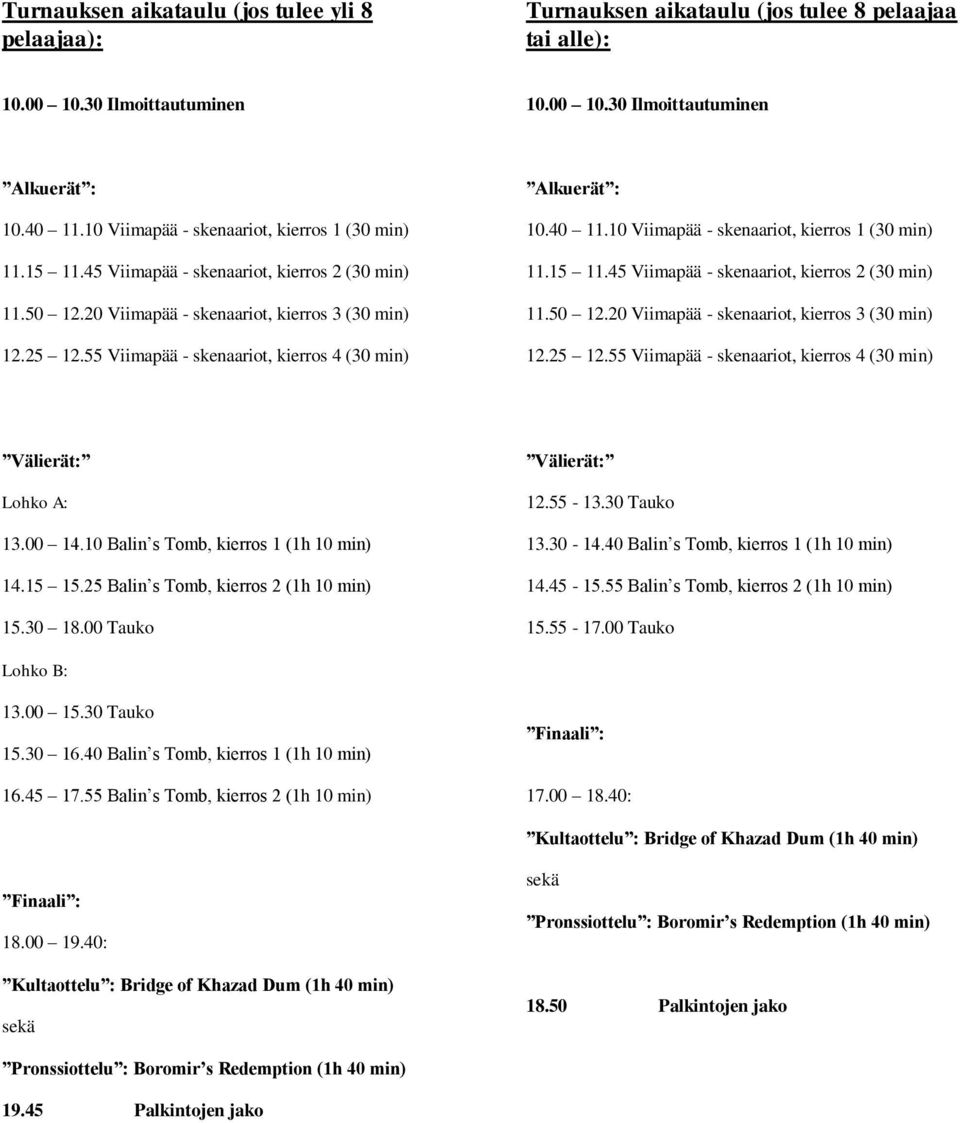 55 Viimapää - skenaariot, kierros 4 (30 min) Alkuerät : 10.40 11.55 Viimapää - skenaariot, kierros 4 (30 min) Välierät: Lohko A: 13.00 14.10 Balin s Tomb, kierros 1 (1h 10 min) 14.15 15.