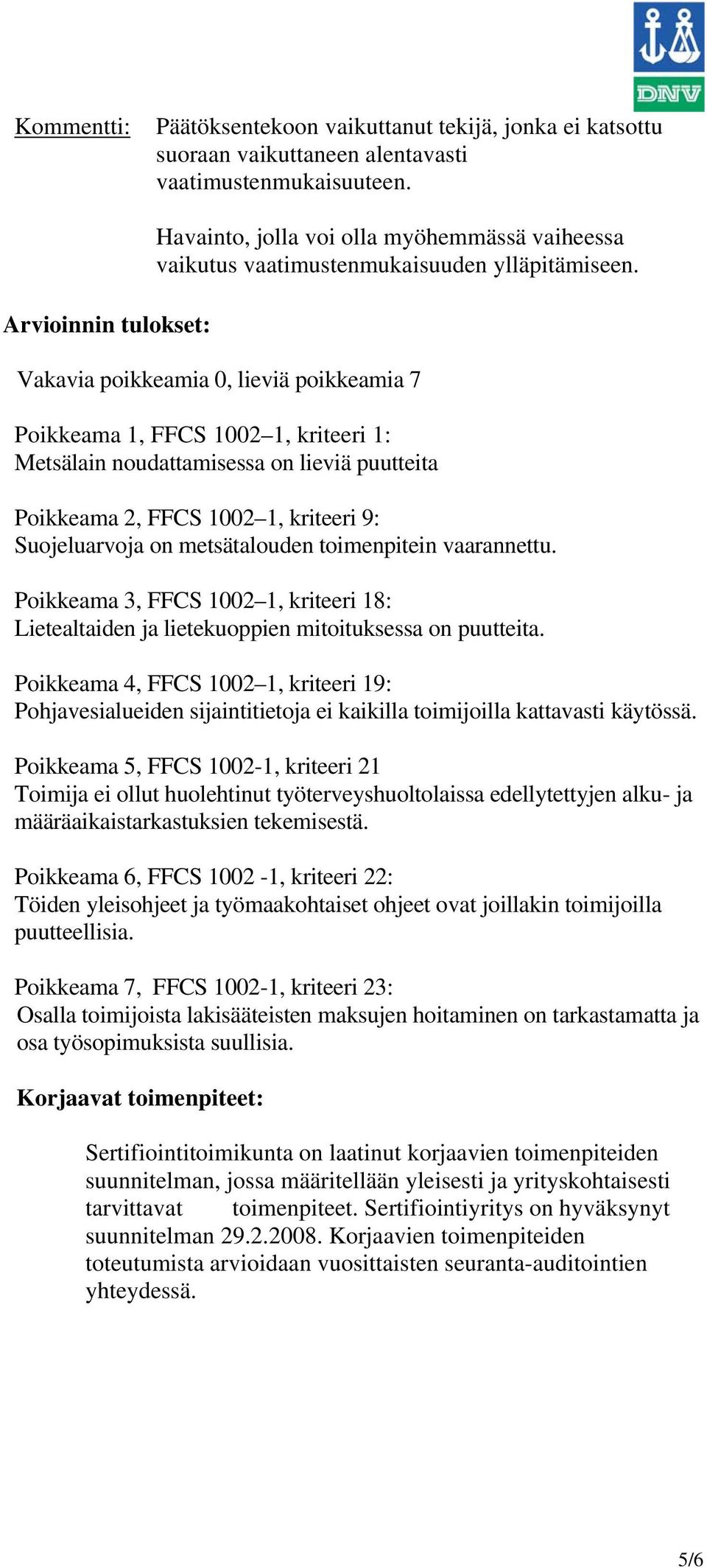 Vakavia poikkeamia 0, lieviä poikkeamia 7 Poikkeama 1, FFCS 1002 1, kriteeri 1: Metsälain noudattamisessa on lieviä puutteita Poikkeama 2, FFCS 1002 1, kriteeri 9: Suojeluarvoja on metsätalouden