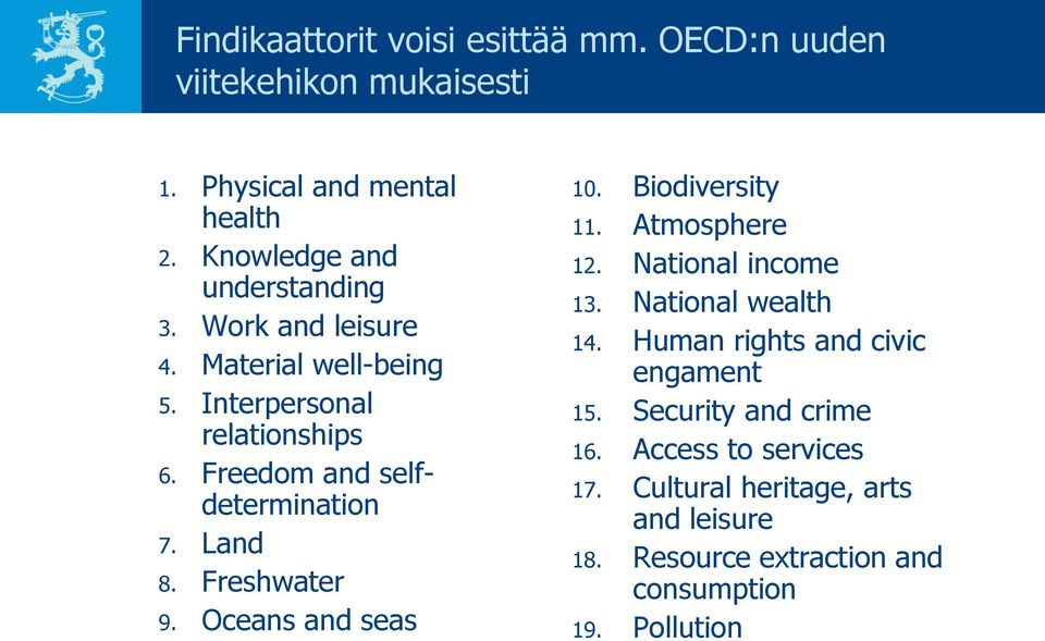 Freedom and selfdetermination 7. Land 8. Freshwater 9. Oceans and seas 10. Biodiversity 11. Atmosphere 12. National income 13.