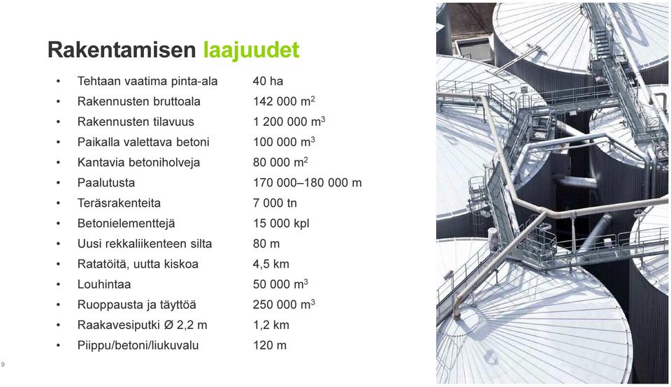 Teräsrakenteita 7 000 tn Betonielementtejä 15 000 kpl Uusi rekkaliikenteen silta 80 m Ratatöitä, uutta kiskoa 4,5