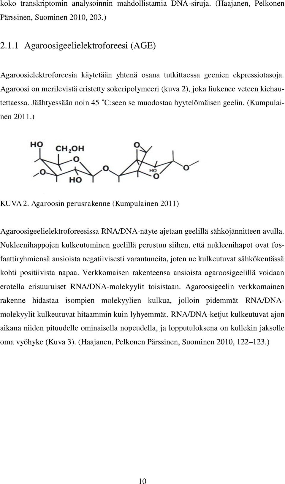 Agaroosi on merilevistä eristetty sokeripolymeeri (kuva 2), joka liukenee veteen kiehautettaessa. Jäähtyessään noin 45 C:seen se muodostaa hyytelömäisen geelin. (Kumpulainen 2011.) KUVA 2.