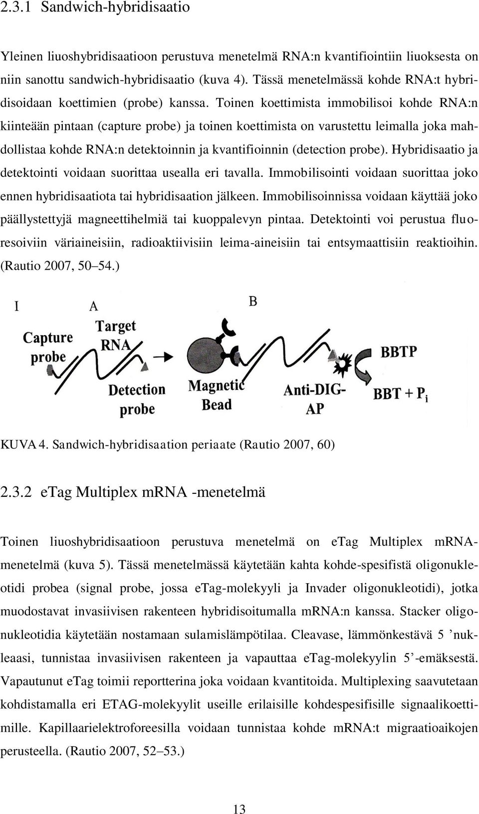 Toinen koettimista immobilisoi kohde RNA:n kiinteään pintaan (capture probe) ja toinen koettimista on varustettu leimalla joka mahdollistaa kohde RNA:n detektoinnin ja kvantifioinnin (detection