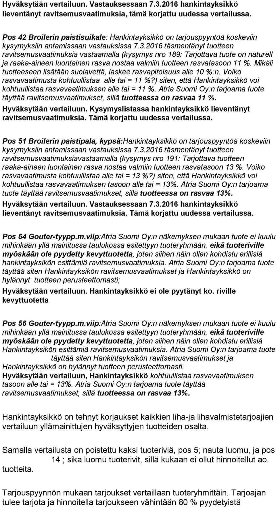 valmiin tuotteen rasvatasoon 11 %. Mikäli tuotteeseen lisätään suolavettä, laskee rasvapitoisuus alle 10 %:n. Voiko rasvavaatimusta kohtuullistaa alle tai = 11 %?