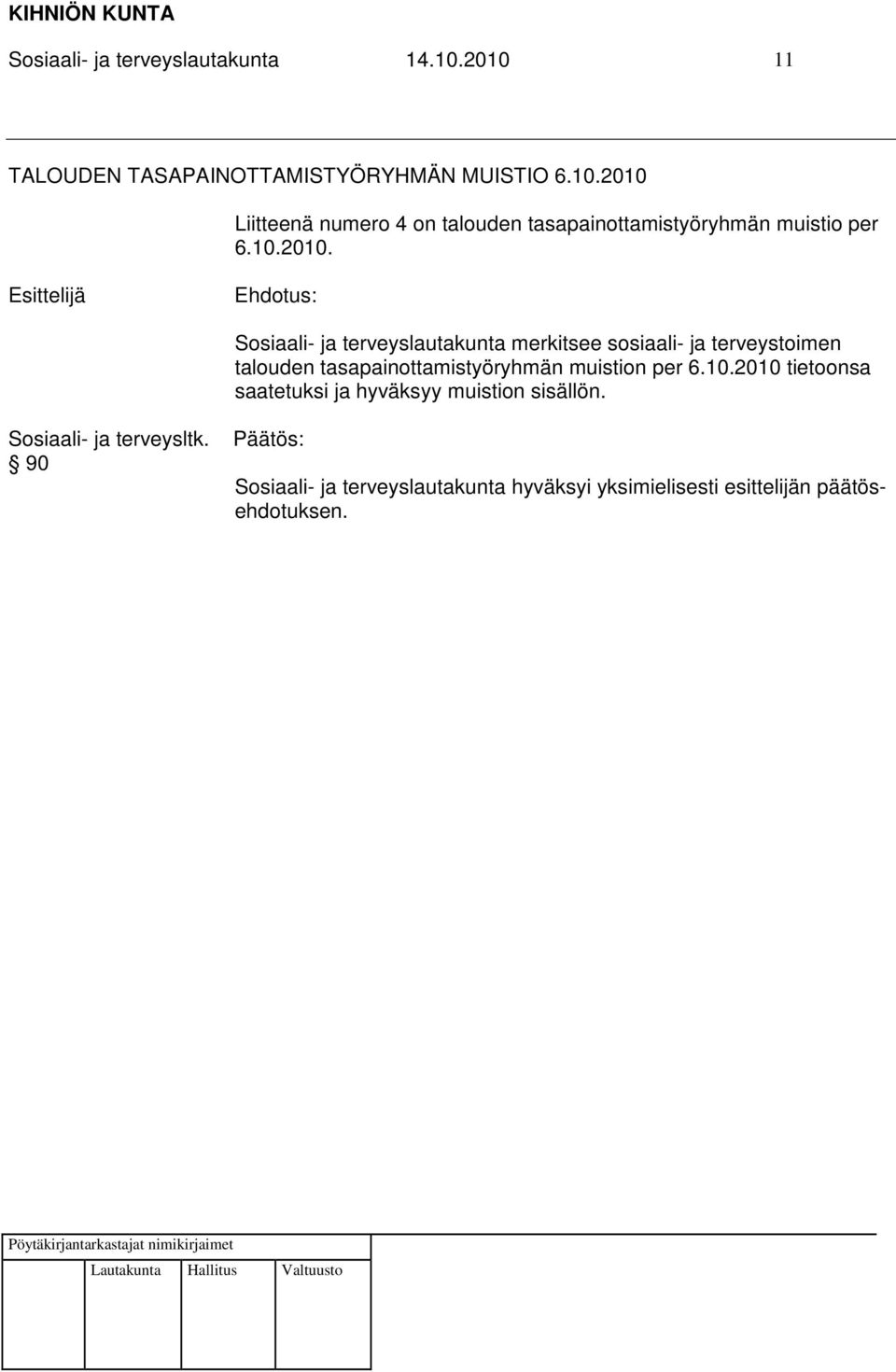 Liitteenä numero 4 on talouden tasapainottamistyöryhmän muistio per 6.10.2010.