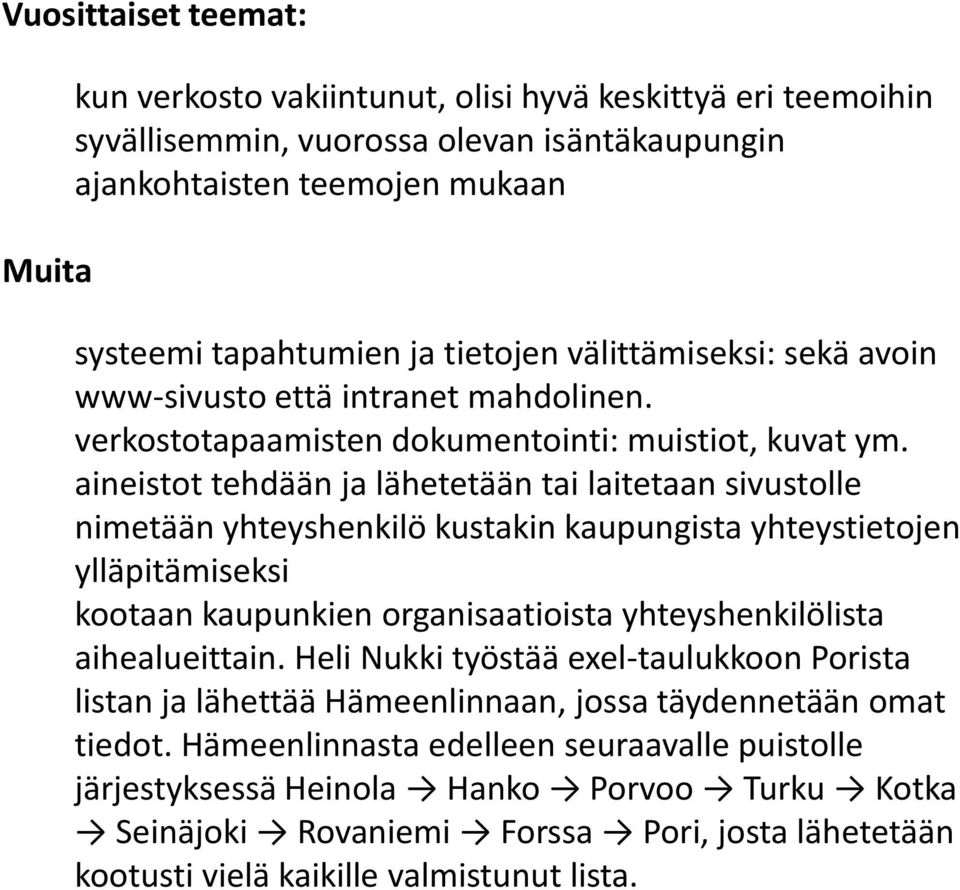 aineistot tehdään ja lähetetään tai laitetaan sivustolle nimetään yhteyshenkilö kustakin kaupungista yhteystietojen ylläpitämiseksi kootaan kaupunkien organisaatioista yhteyshenkilölista