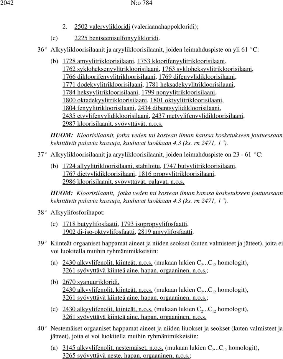 sykloheksyylitrikloorisilaani, 1766 dikloorifenyylitrikloorisilaani, 1769 difenyylidikloorisilaani, 1771 dodekyylitrikloorisilaani, 1781 heksadekyylitrikloorisilaani, 1784 heksyylitrikloorisilaani,