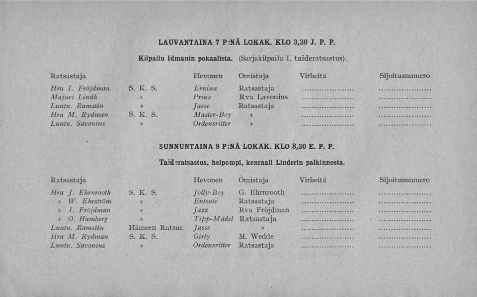 Savonius Ordensritter Sij oitusnumero f SUNNUNTAINA 8 P:NÄ LOKAK. KLO 8,30 E. P. P. Taid3ratsastus, helpompi, kenraali Linderin palkinnosta. Ratsastaja Hevonen Omistaja Virheitä Hra J.