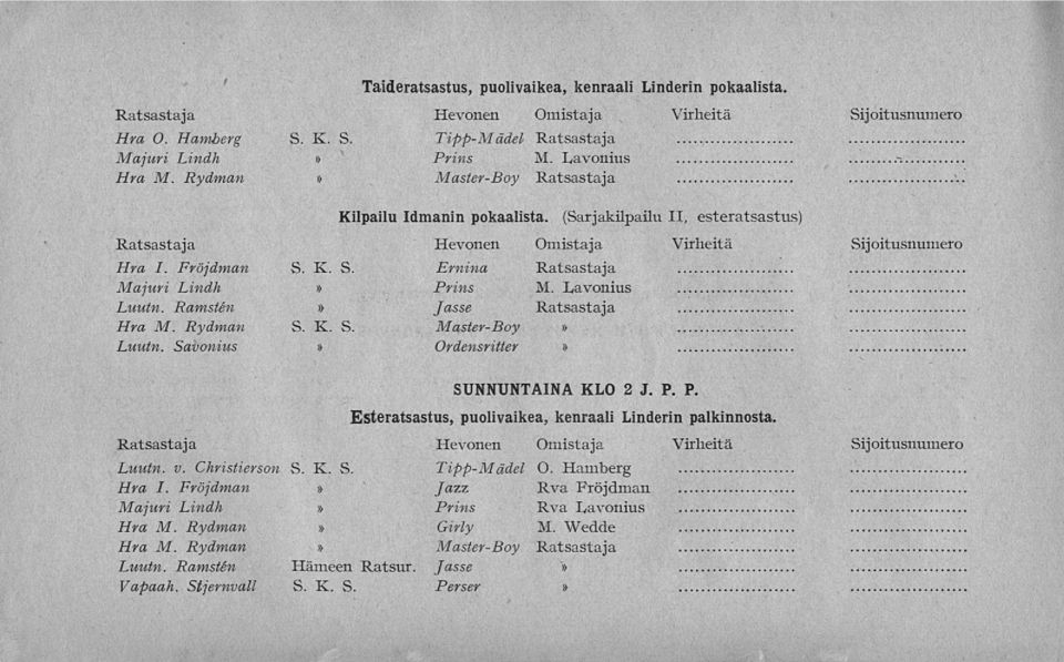 Lavonius Luutn. Ramstén Jasse Ratsastaja Hra M. Rydman S. K. S. Master-Boy Luutn. Savonius Ordensritter SUNNUNTAINA KLO 2 J. P. P. Esteratsastus, puolivaikea, kenraali Linderin palkinnosta.