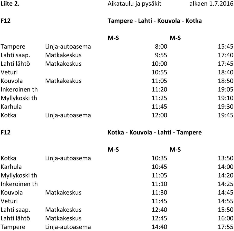 Karhula 11:45 19:30 Kotka Linja- autoasema 12:00 19:45 F12 Kotka - Kouvola - Lahti - Tampere Kotka Linja- autoasema 10:35 13:50 Karhula 10:45 14:00 Myllykoski th