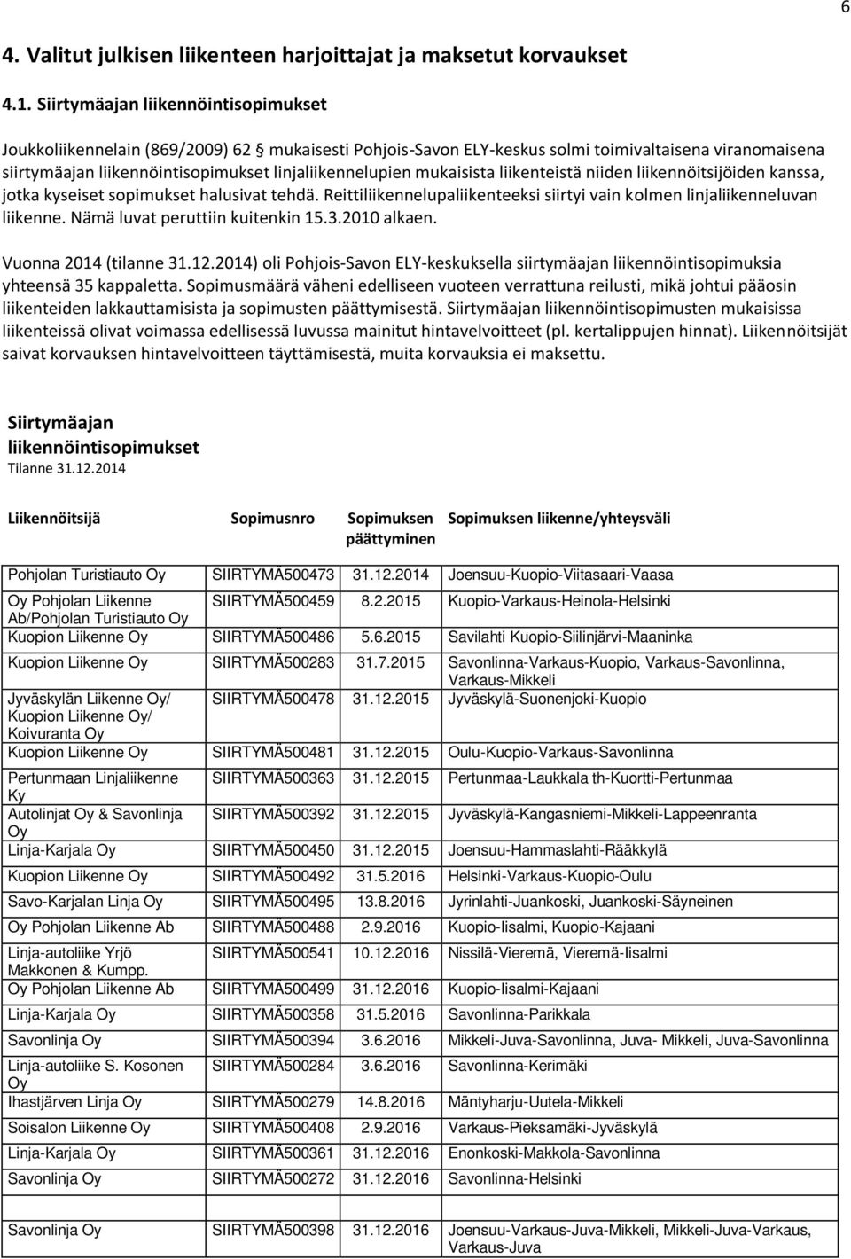 mukaisista liikenteistä niiden liikennöitsijöiden kanssa, jotka kyseiset sopimukset halusivat tehdä. Reittiliikennelupaliikenteeksi siirtyi vain kolmen linjaliikenneluvan liikenne.