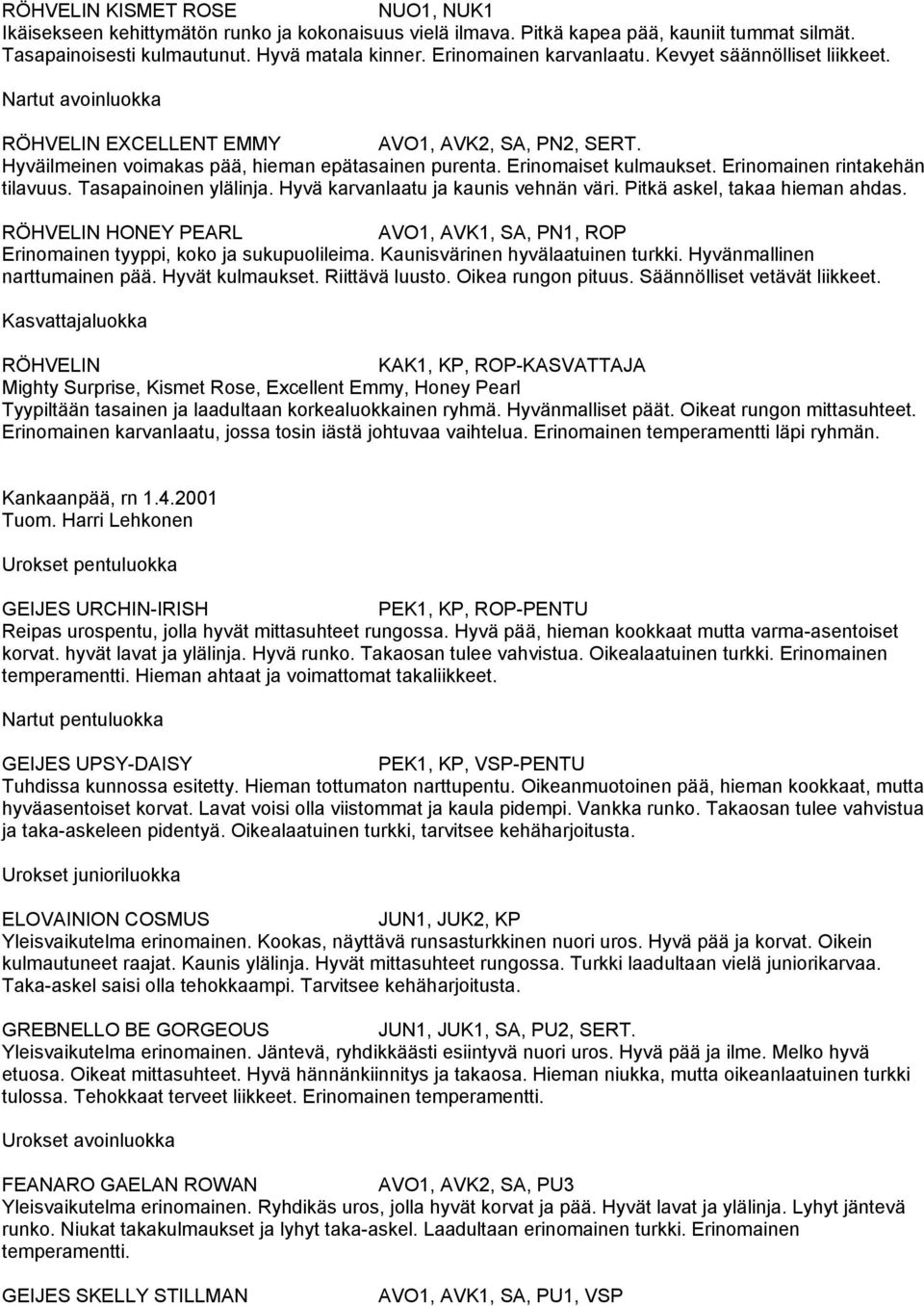 Erinomaiset kulmaukset. Erinomainen rintakehän tilavuus. Tasapainoinen ylälinja. Hyvä karvanlaatu ja kaunis vehnän väri. Pitkä askel, takaa hieman ahdas.