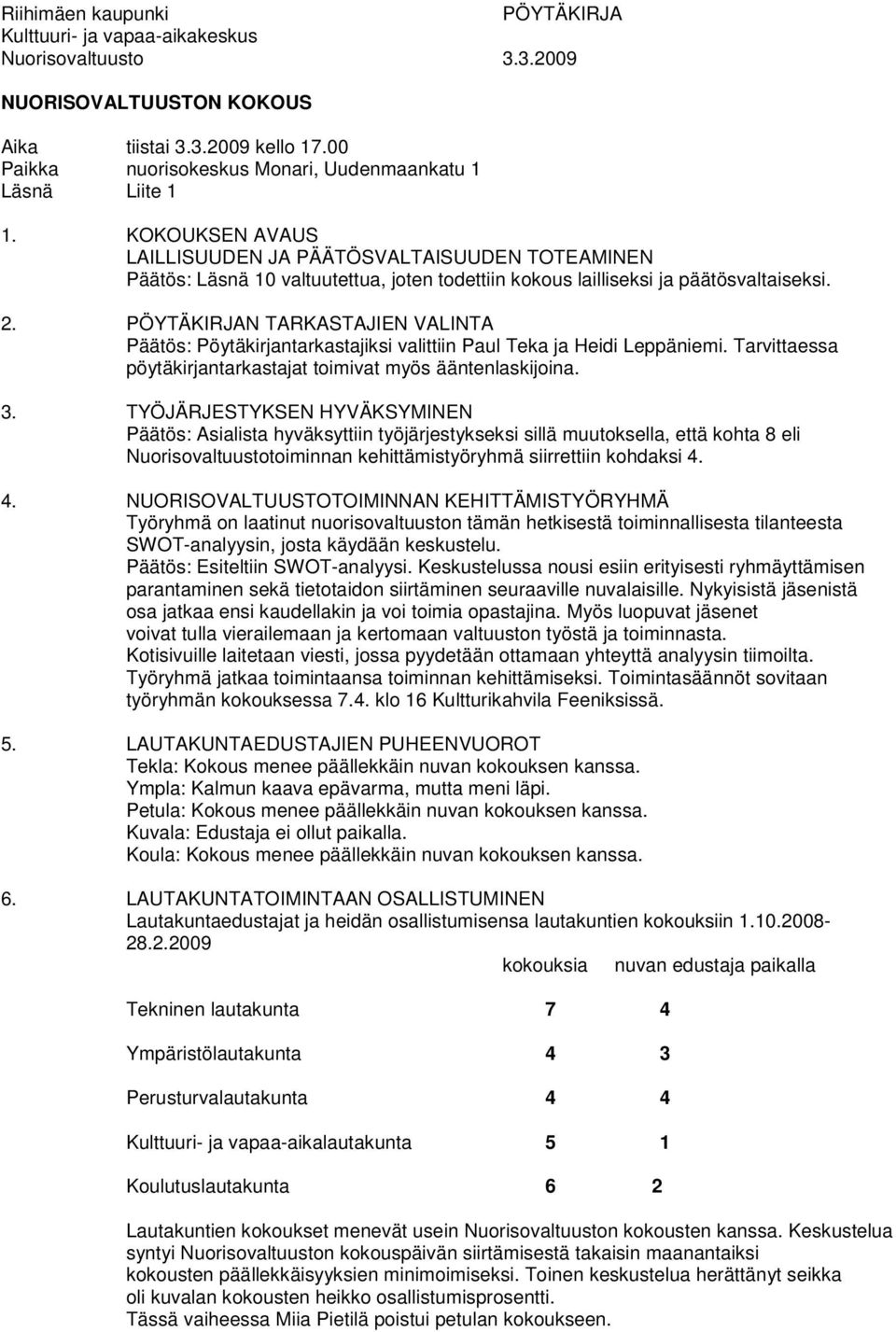 KOKOUKSEN AVAUS LAILLISUUDEN JA PÄÄTÖSVALTAISUUDEN TOTEAMINEN Päätös: Läsnä 10 valtuutettua, joten todettiin kokous lailliseksi ja päätösvaltaiseksi. 2.