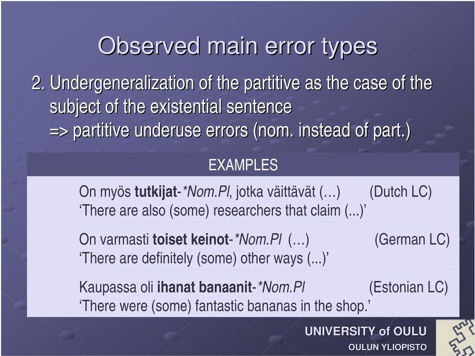 (nom. instead of part.) EXAMPLES On myös tutkijat-*nom.