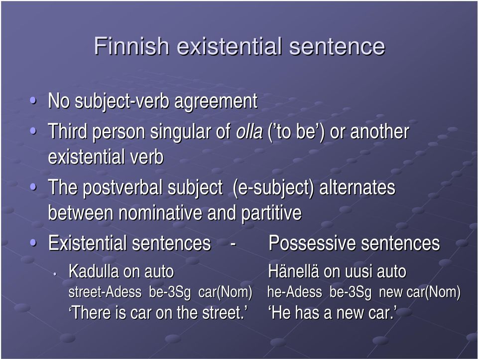 partitive Existential sentences - Possessive sentences Kadulla on auto Hänellä on uusi auto