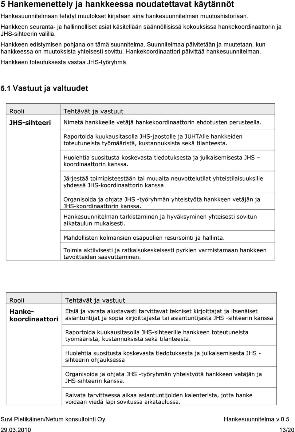 Suunnitelmaa päivitetään ja muutetaan, kun hankkeessa on muutoksista yhteisesti sovittu. Hankekoordinaattori päivittää hankesuunnitelman. Hankkeen toteutuksesta vastaa JHS-työryhmä. 5.